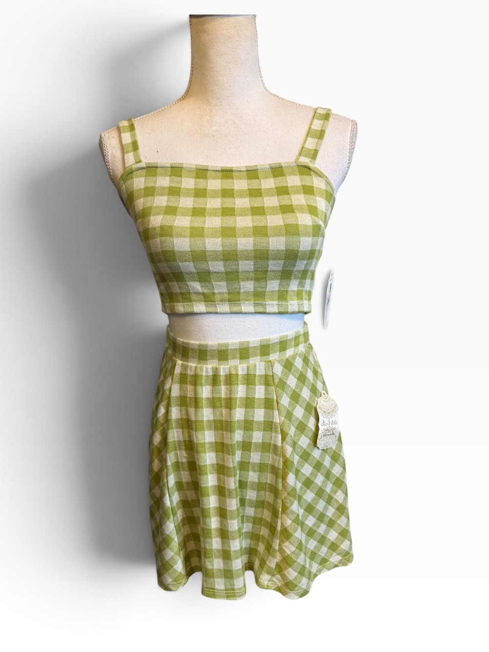 Altar'd State gingham two piece set new with tags Olive/Neutral